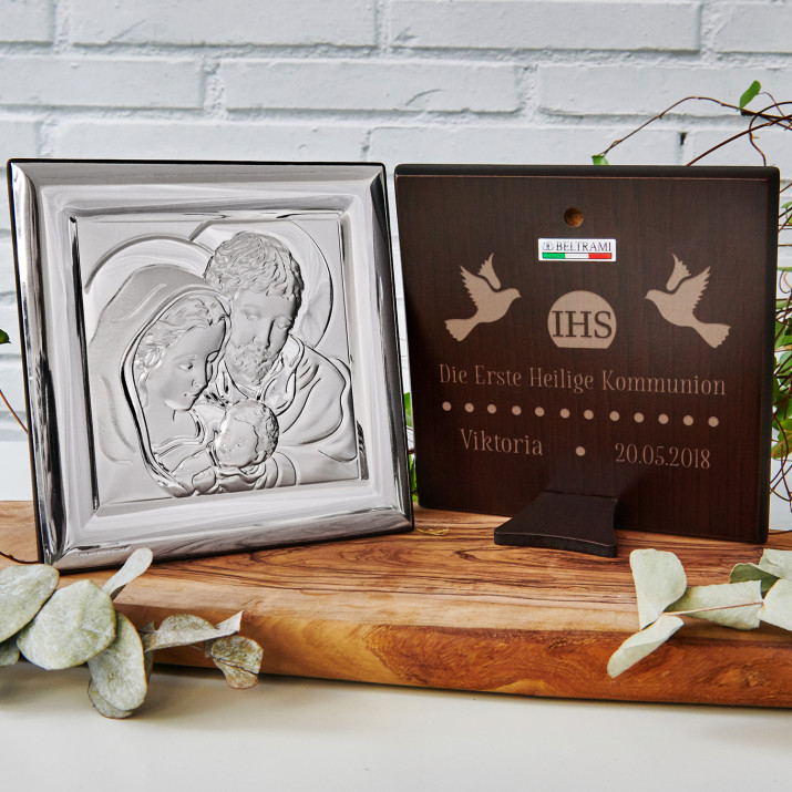 Kommunion - Heilige Familie - Quadrat - Silbernes Bild mit Gravur